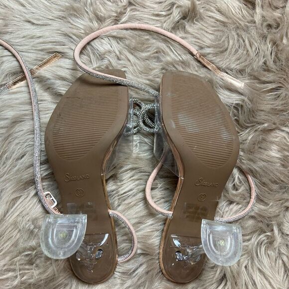 ShoeLand Clear Ankle Wrap Wedding Diamond Bow Detail Square Toe Perspex Heel - Picture 9 of 16